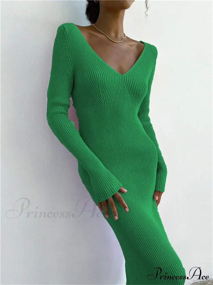 Fall Winter Knit Rib Long Sleeve V Neck Backless Midi Dress