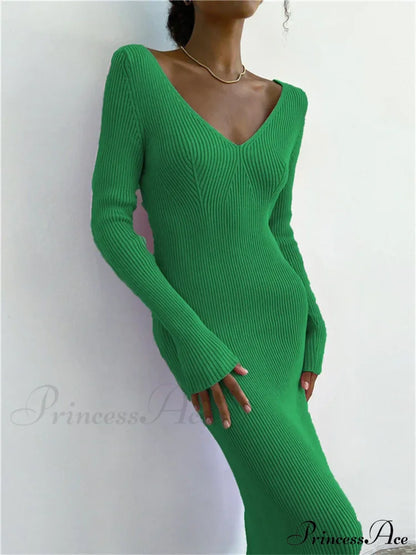 Fall Winter Knit Rib Long Sleeve V Neck Backless Midi Dress