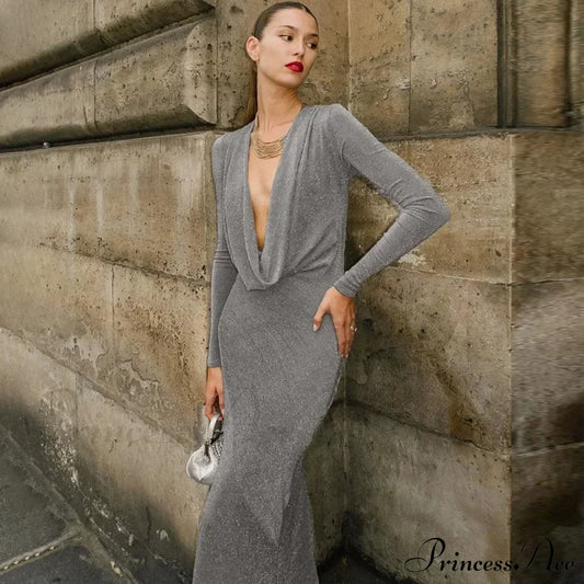Fashion Club Draped Silk Long Sleeve Maxi Dress