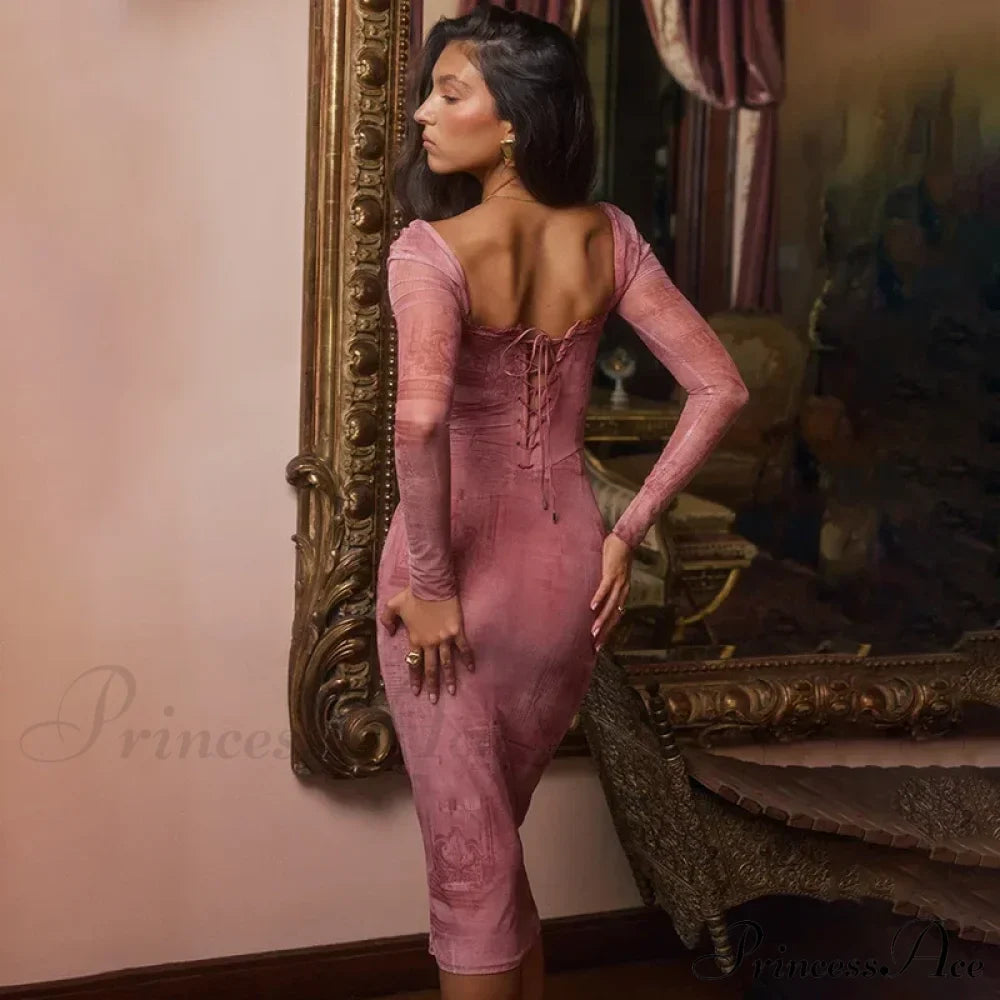Fashion Print Bandage Corset Long Sleeve Fall Lace Clothes Midi Dress