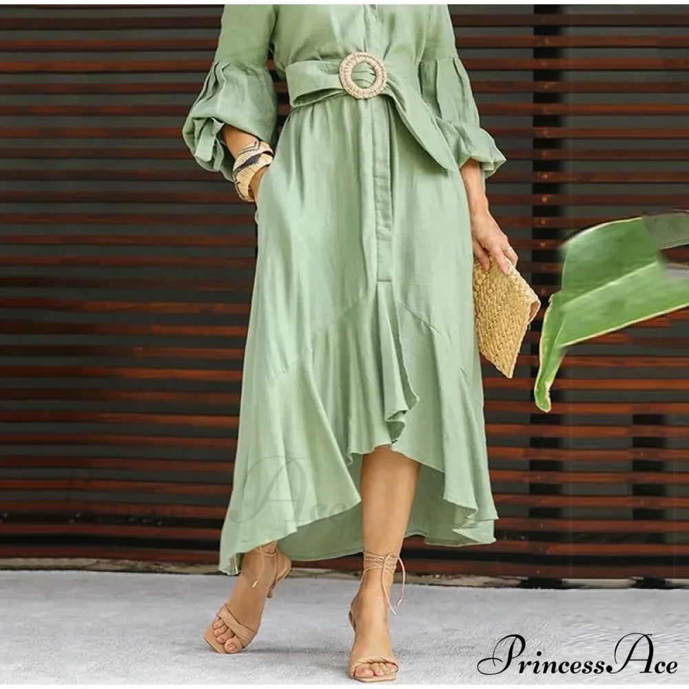 Fashion Ruffle Women's Shirt Casual V Neck Lantern Sleeve With Pocket Long Skirt Spring Lady Streetwear Midi Dress