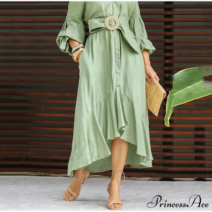 Fashion Ruffle Women's Shirt Casual V Neck Lantern Sleeve With Pocket Long Skirt Spring Lady Streetwear Midi Dress
