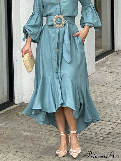 Fashion Ruffle Women's Shirt Casual V Neck Lantern Sleeve With Pocket Long Skirt Spring Lady Streetwear Midi Dress