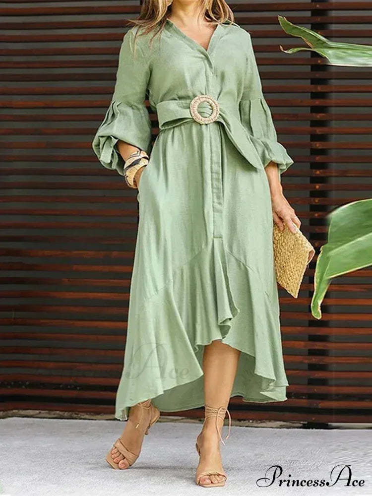 Fashion Ruffle Women's Shirt Casual V Neck Lantern Sleeve With Pocket Long Skirt Spring Lady Streetwear Midi Dress