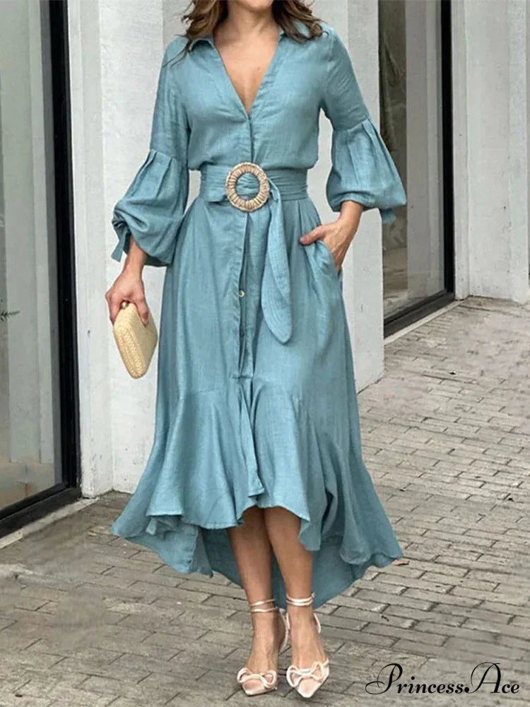 Fashion Ruffle Women's Shirt Casual V Neck Lantern Sleeve With Pocket Long Skirt Spring Lady Streetwear Midi Dress
