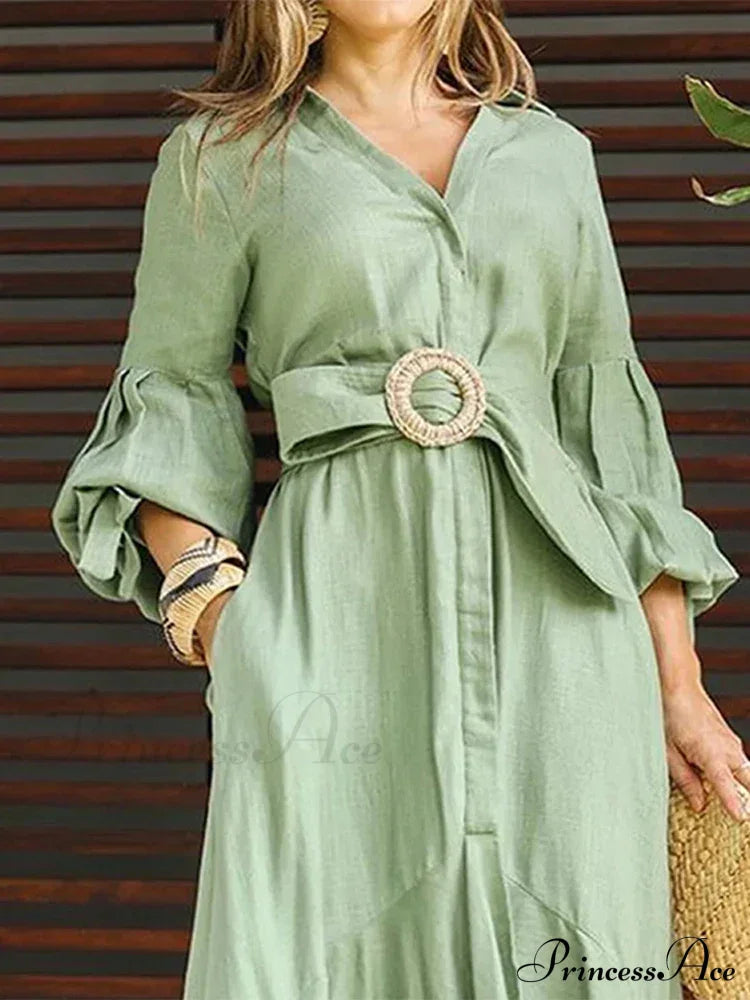 Fashion Ruffle Women's Shirt Casual V Neck Lantern Sleeve With Pocket Long Skirt Spring Lady Streetwear Midi Dress