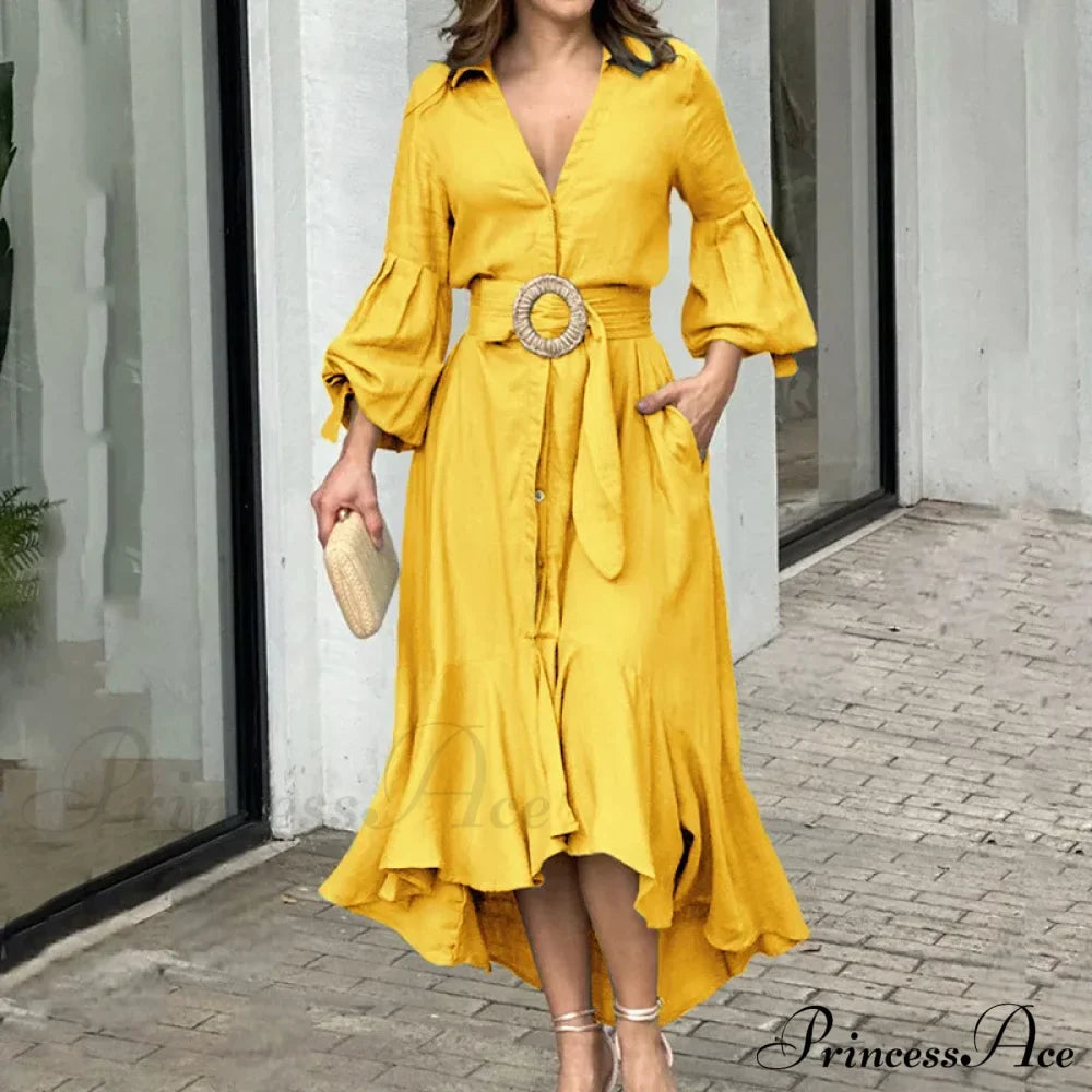 Fashion Ruffle Women's Shirt Casual V Neck Lantern Sleeve With Pocket Long Skirt Spring Lady Streetwear Midi Dress