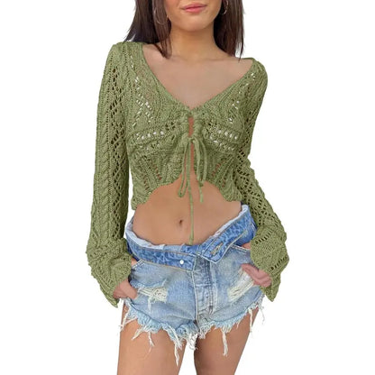 üåº Hollow Out Drawstring Flare Sleeve Cropped Top-Women Minimalist Knit Sweaterü™°