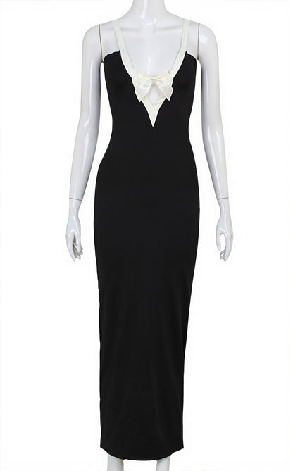 Elegant Patchwork Bow Solid Maxi Dress