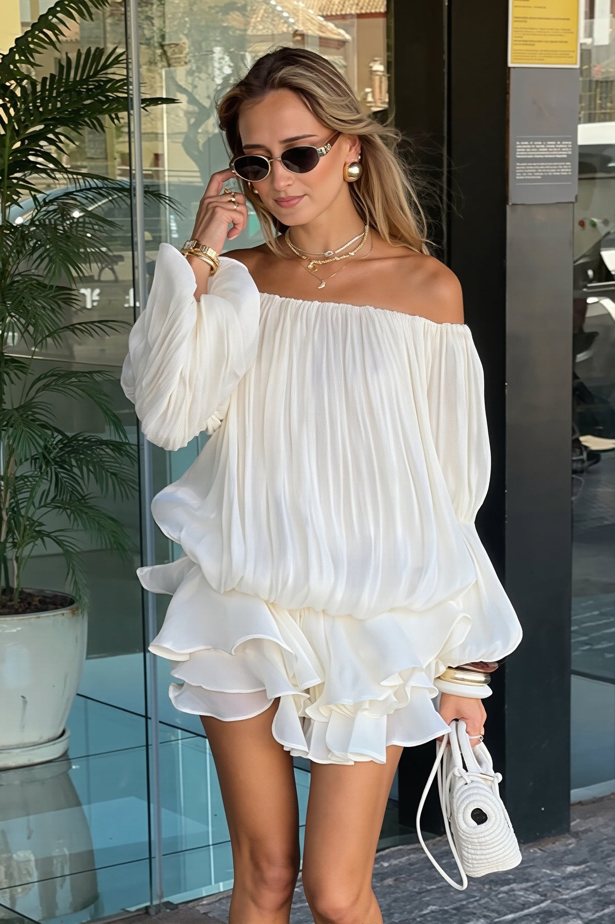 Off Shoulder Ruffle Shiny Fabric Mini Dress
