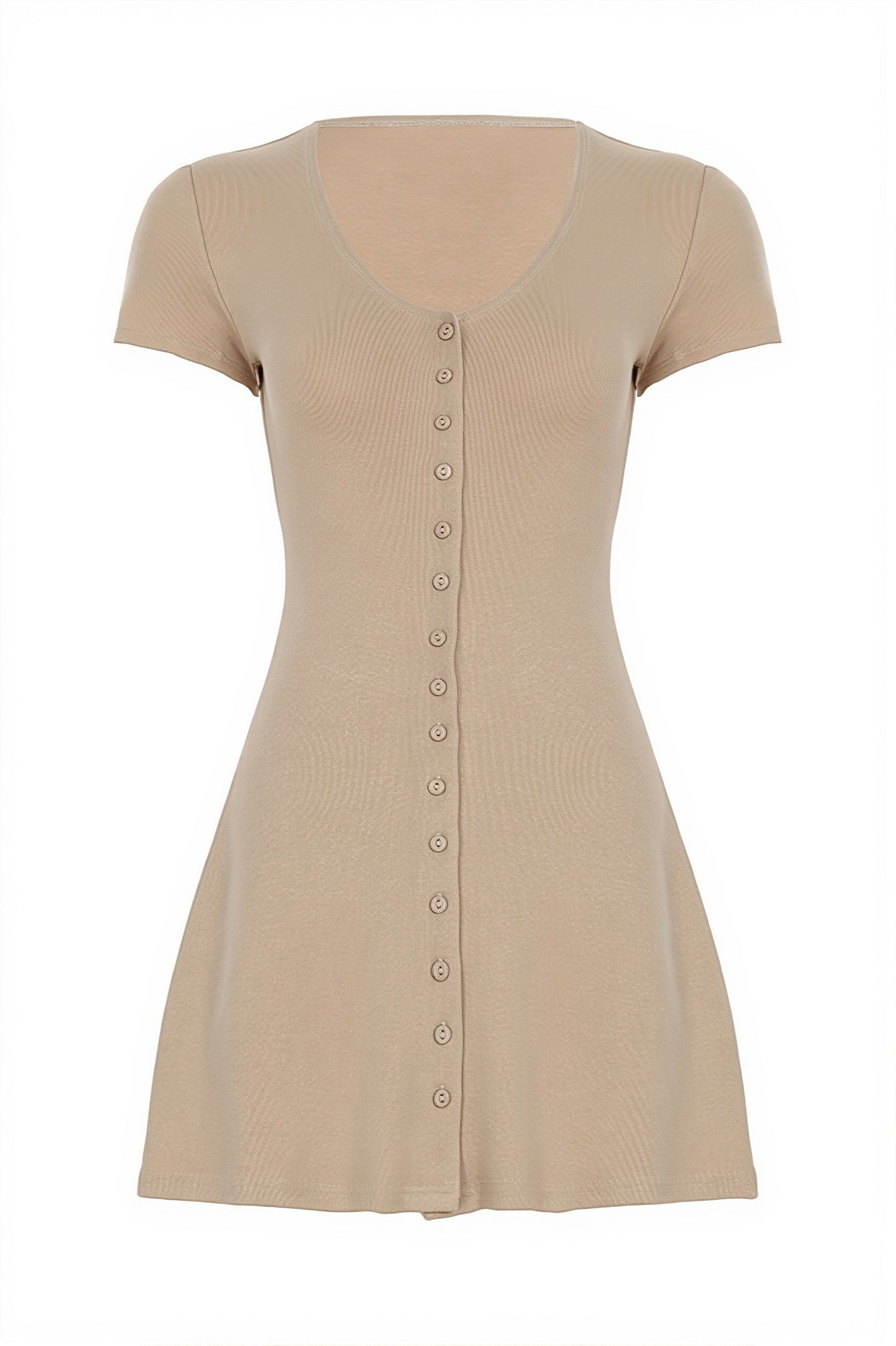Solid Button Knit V Neck Slim Mini Dress