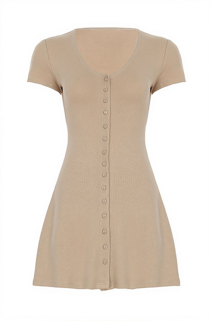 Solid Button Knit V Neck Slim Mini Dress