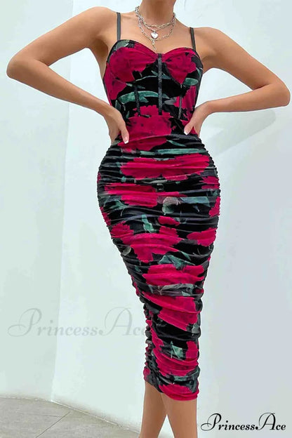 Floral Rushed Bodycon Cami Dress