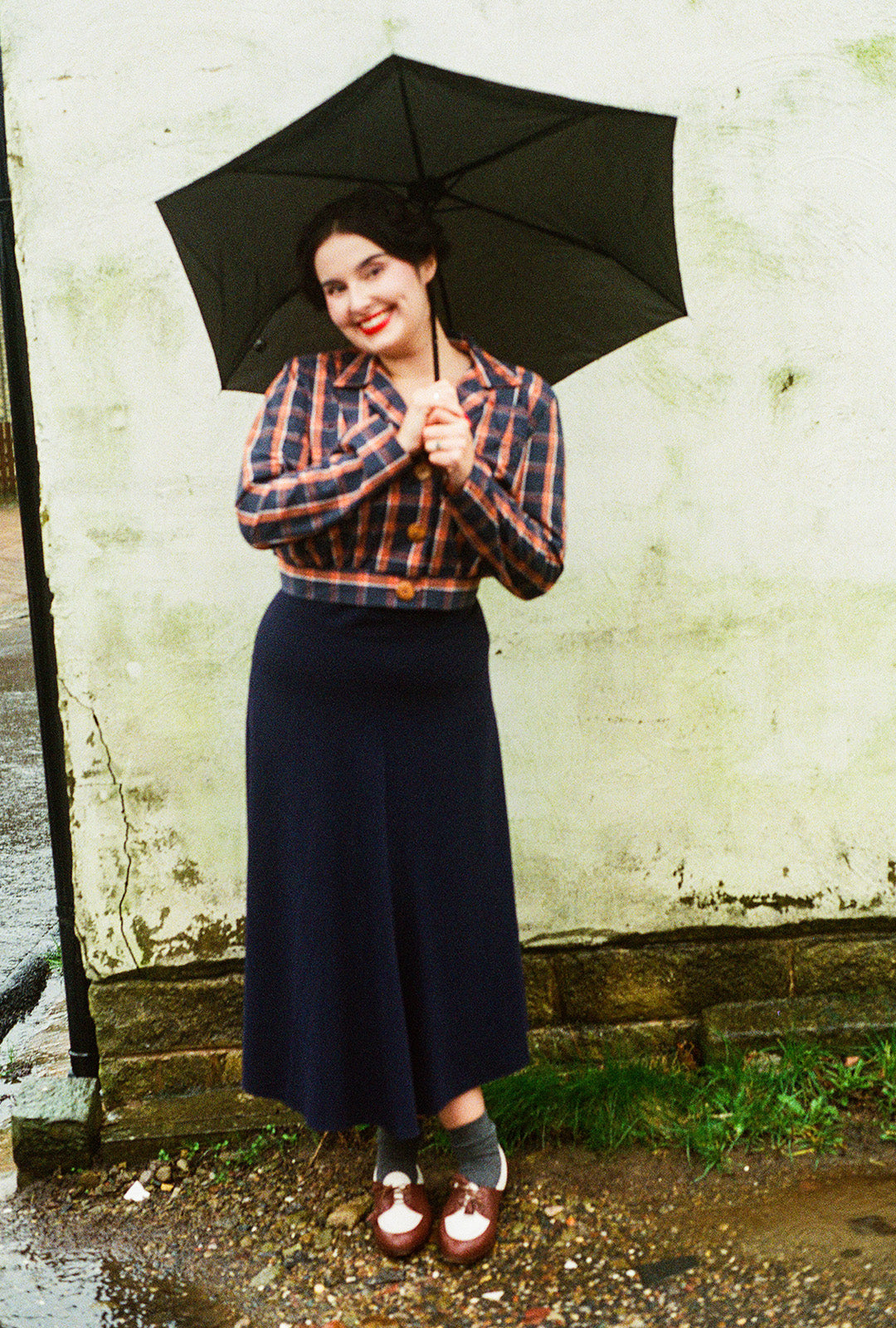 1930s Amelia Blouse - Navy and Orange Plaid