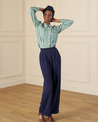 1940s Hepburn Pleated Trousers - Navy
