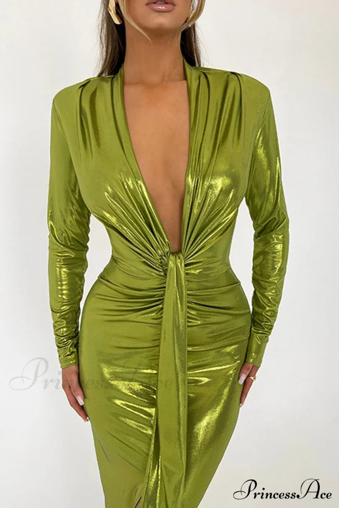 Glossy V Neck Ruched Slit Dress