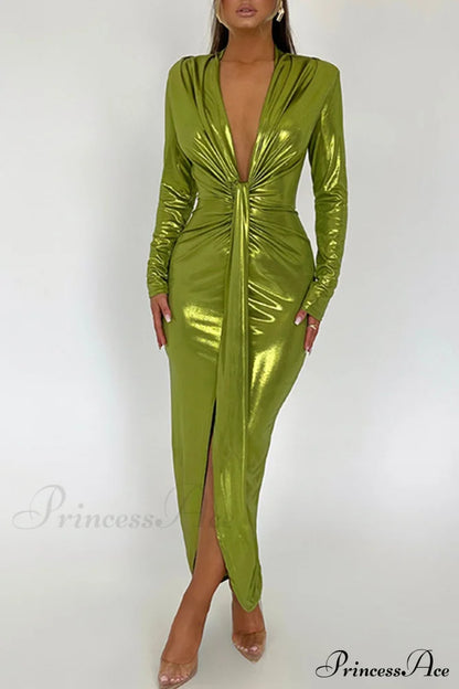 Glossy V Neck Ruched Slit Dress