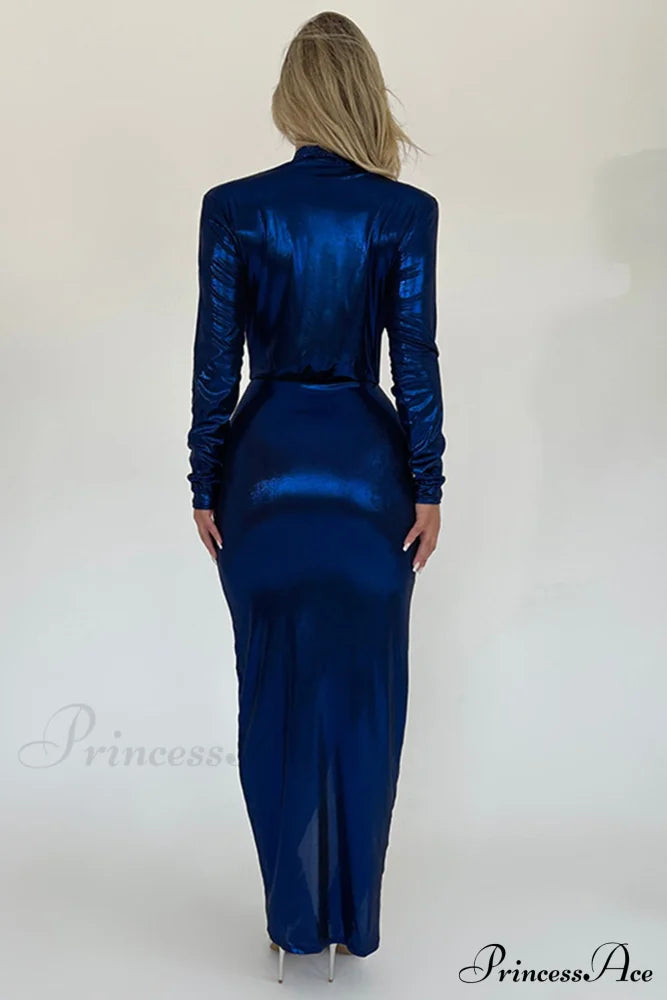 Glossy V Neck Ruched Slit Dress