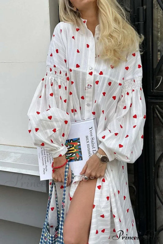 Heart Print Puff Sleeve Cotton Dress