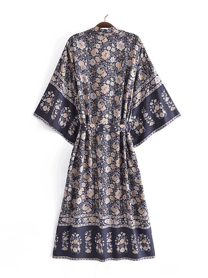 Party Wear Floral Print Black Color Cotton Long Length Gown Kimono Duster Robe
