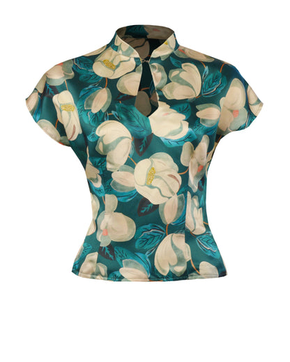 1940s Luxe Keyhole Blouse - Celestial Bloom