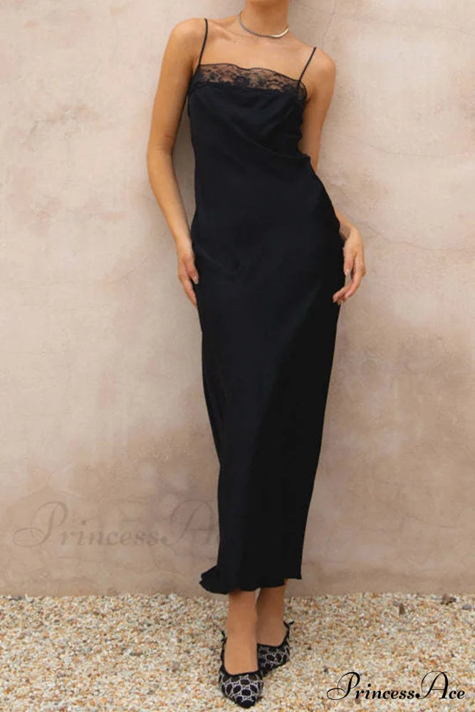 Lace Patchwork Cami Dress in Black