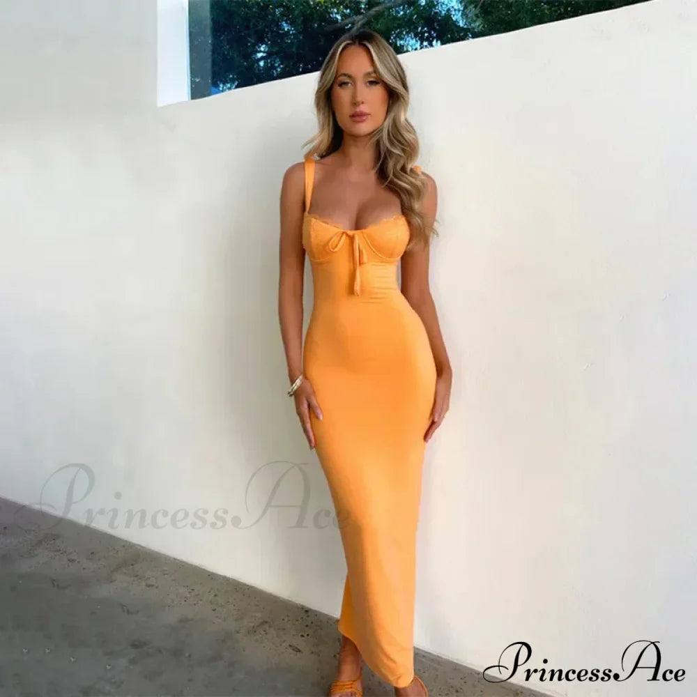 Lace Spliced Backless Elegant Tie Front Gown Slit Summer Vestidos Midi Dress
