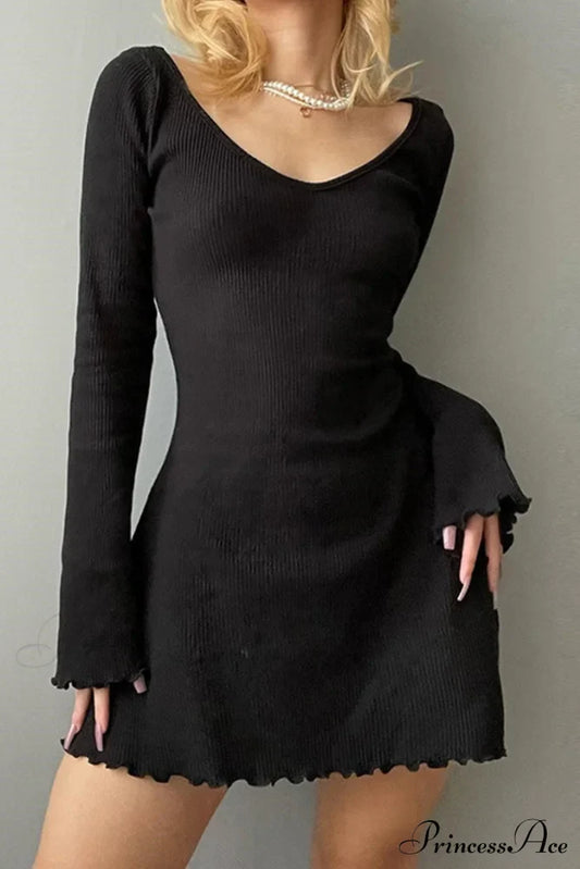 Long Sleeve Lacework Hem Dress with Round Neck