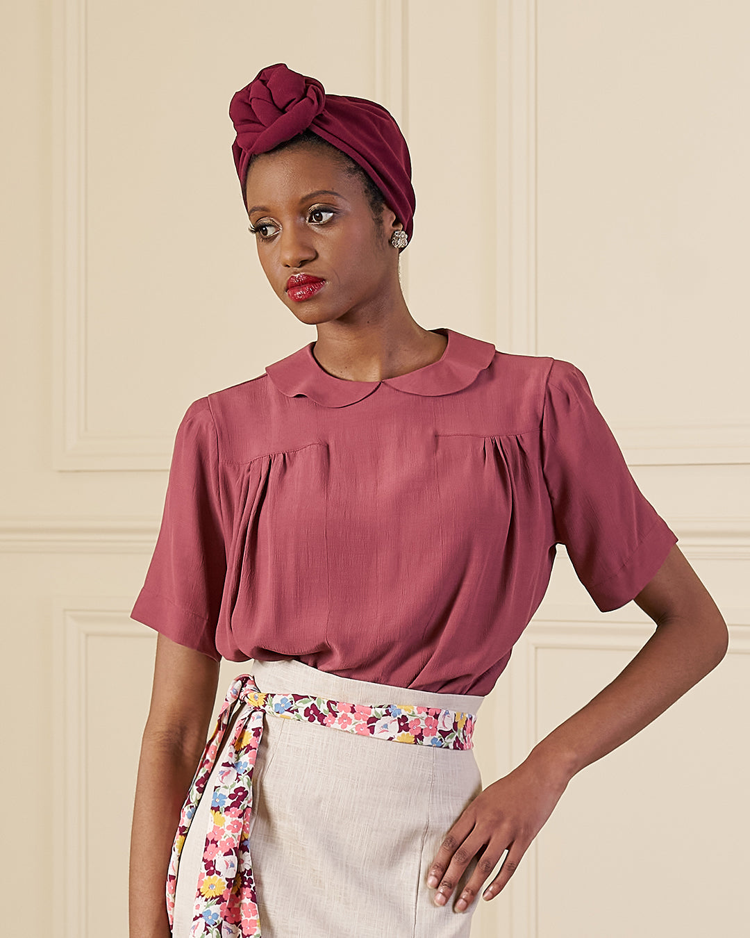 1940s Meet Again Blouse with Collar - Plum