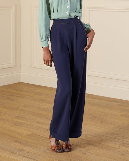 1940s Hepburn Pleated Trousers - Navy