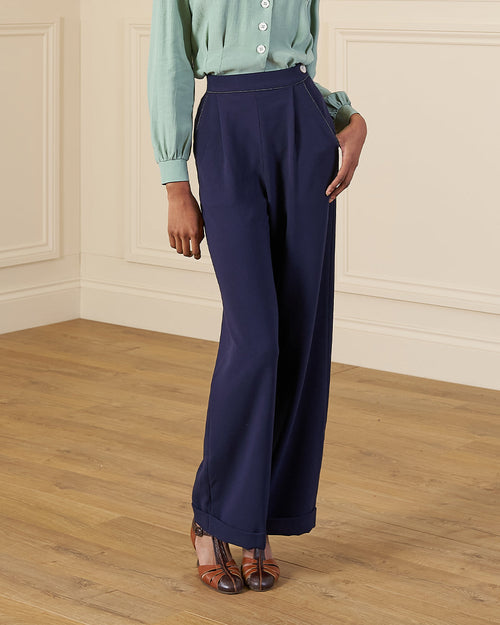 1940s Hepburn Pleated Trousers - Navy