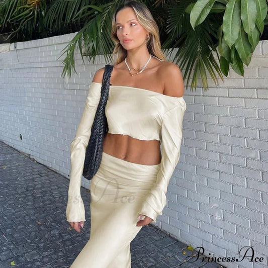 Off Shoulder Long Sleeve Top and Skirt 2 Piece Set Asymmetric Silky Co-Ords Matching Sets Midi Dress