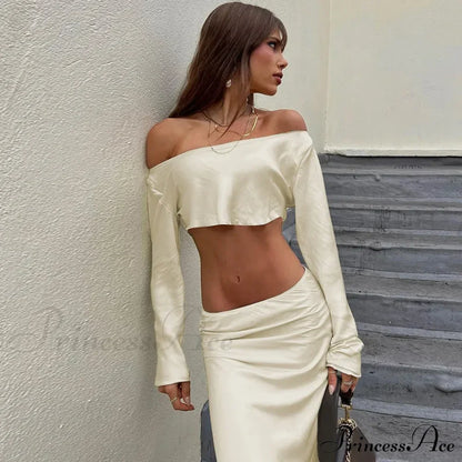 Off Shoulder Long Sleeve Top and Skirt 2 Piece Set Asymmetric Silky Co-Ords Matching Sets Midi Dress