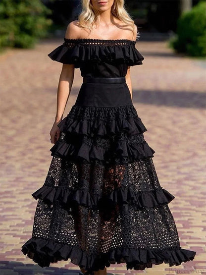One-Shoulder Ruffle Evening Maxi Dress