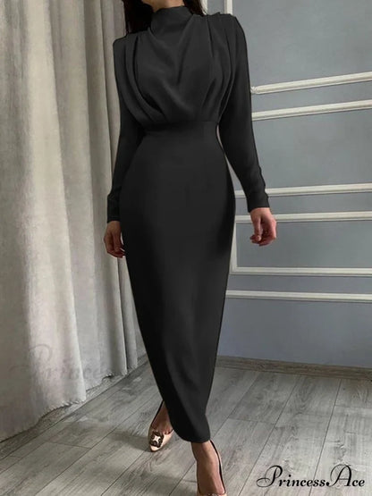Solid Stand Neck Slim Autumn Maxi Dress
