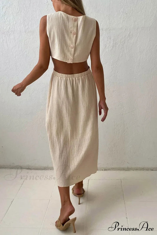Pleated Tank Dress with Single-breasted Closure and Bare Waist