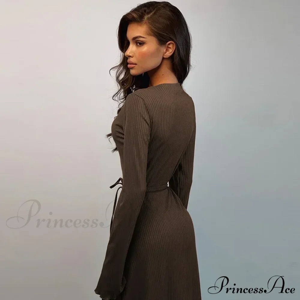 Ribbed Knitted Tie-detailed Fashionable Club-ready Birthday Autumnal Maxi Dress