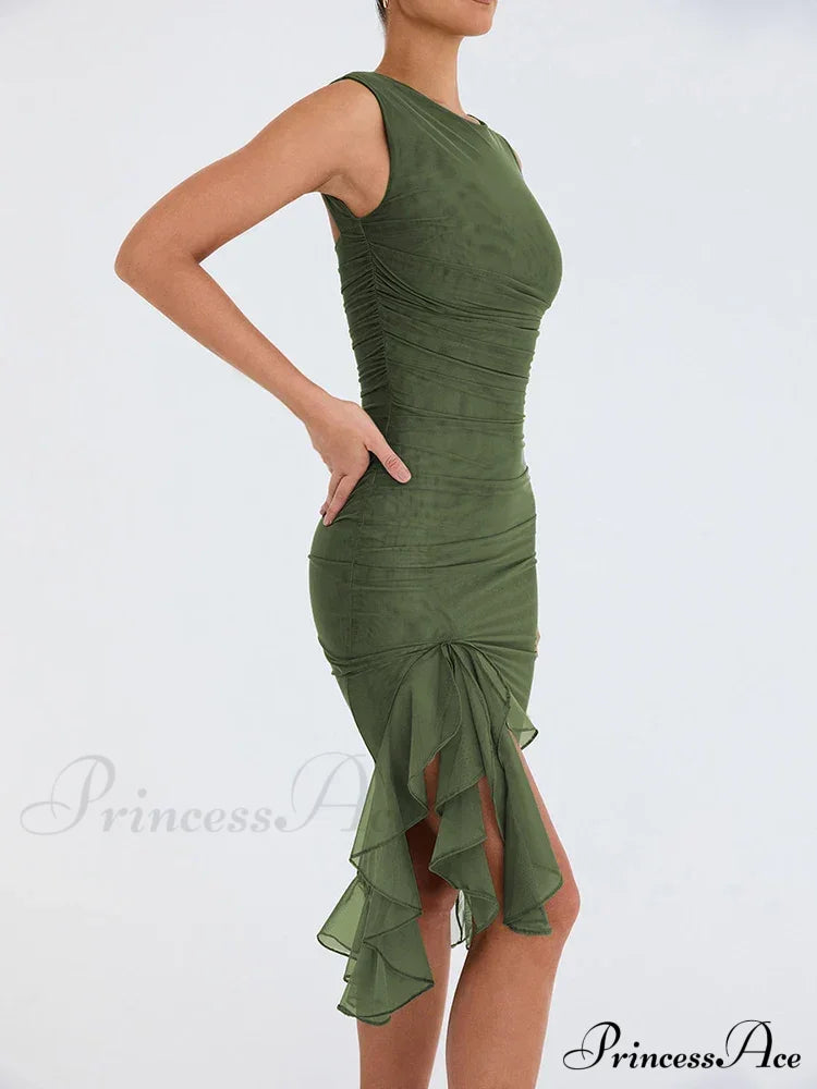 Ruffled Ruched Summer-ready Backless Sleeveless Irregular Sensual Midi Dress