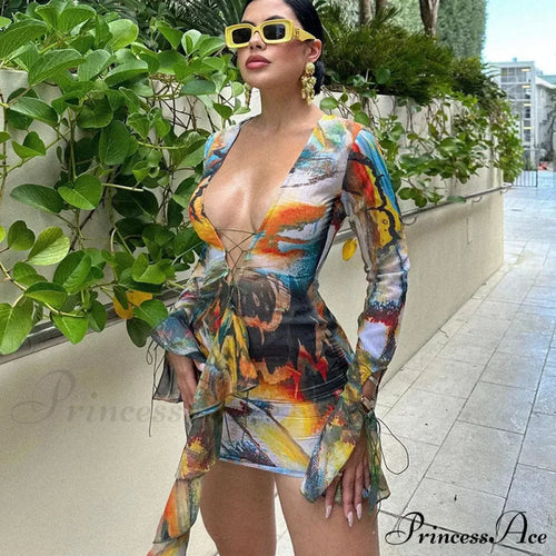 Sexy Bandage Lace Up Deep V Long Sleeve Mini Dress