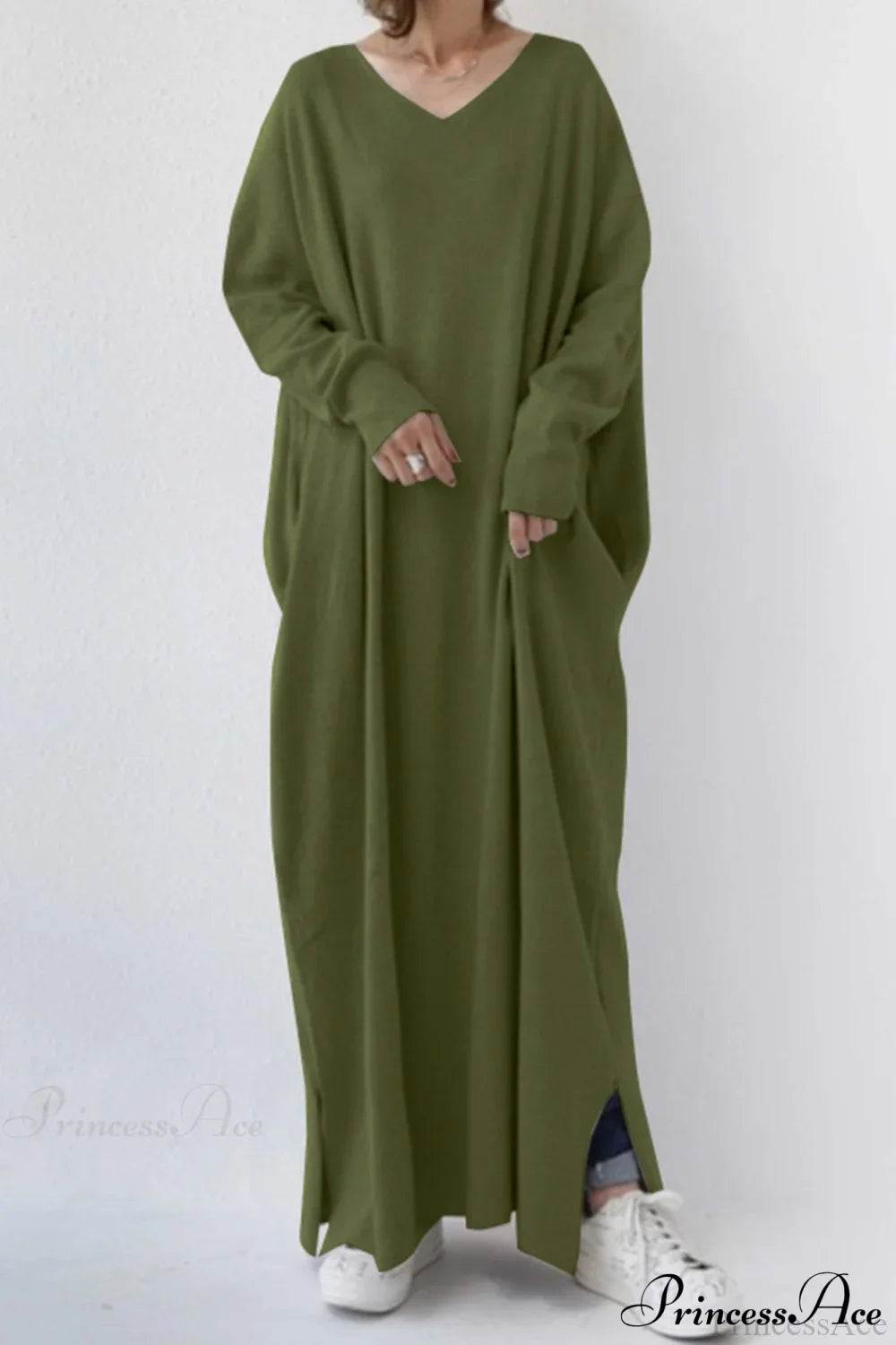 Slit Hem V Neck Sweatshirt Dress