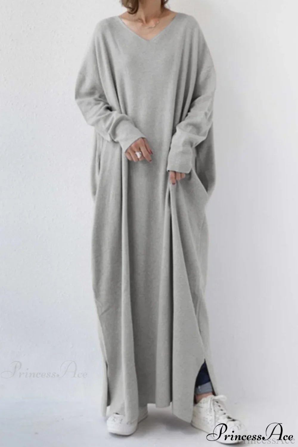Slit Hem V Neck Sweatshirt Dress