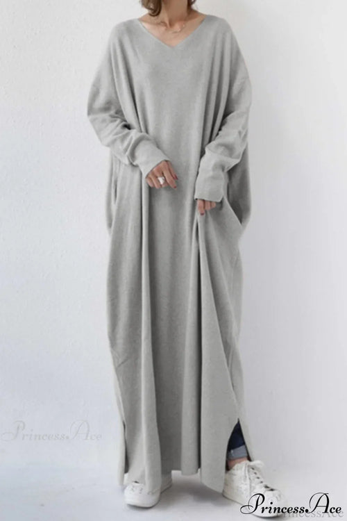 Slit Hem V Neck Sweatshirt Dress