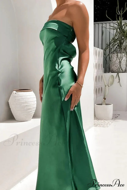 Solid Color Satin Strapless Dress