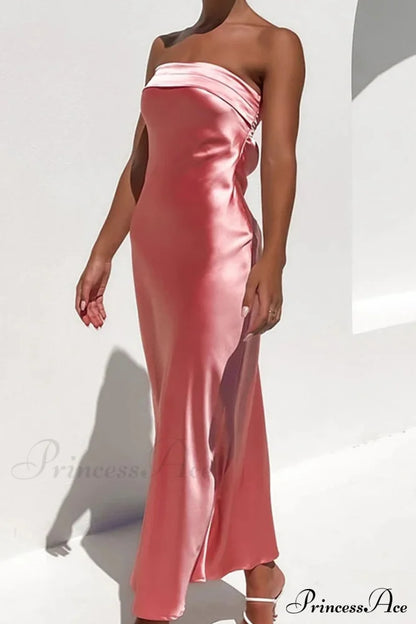 Solid Color Satin Strapless Dress