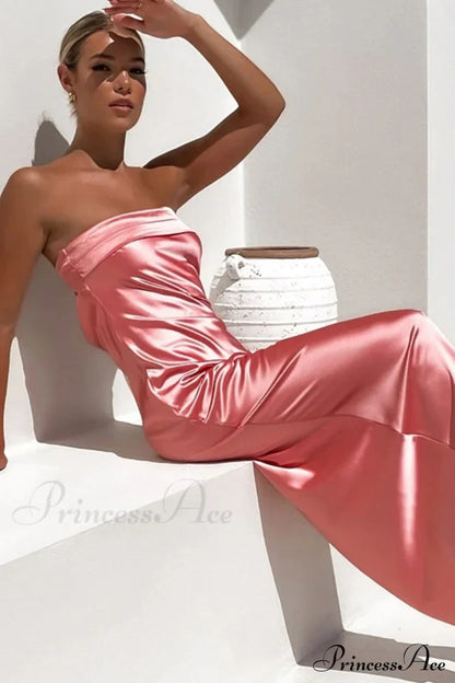 Solid Color Satin Strapless Dress