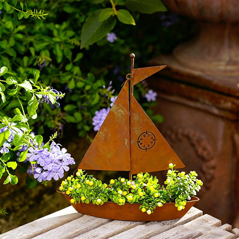 üå± Rustic Sailboat Metal Planter ‚Äì Handcrafted, weather-resistant & perfect for succulents, herbs or flowers ‚Äì charming garden or shelf decor üè°