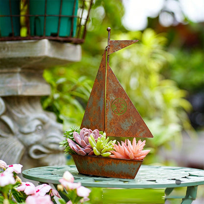 üå± Rustic Sailboat Metal Planter ‚Äì Handcrafted, weather-resistant & perfect for succulents, herbs or flowers ‚Äì charming garden or shelf decor üè°