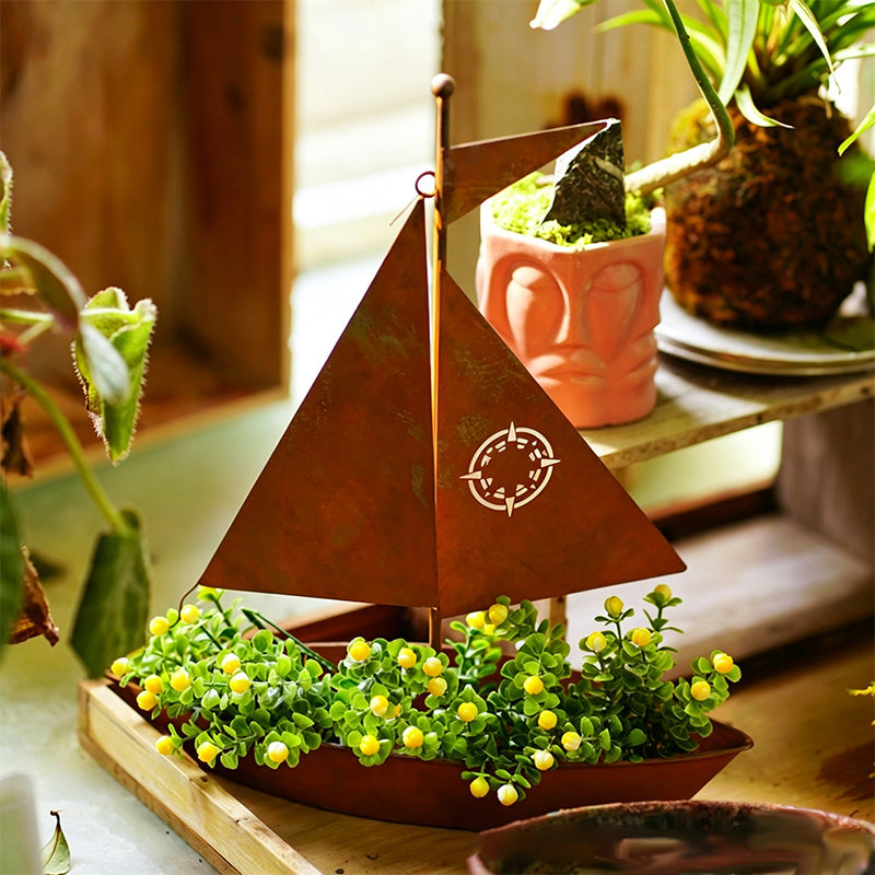 üå± Rustic Sailboat Metal Planter ‚Äì Handcrafted, weather-resistant & perfect for succulents, herbs or flowers ‚Äì charming garden or shelf decor üè°
