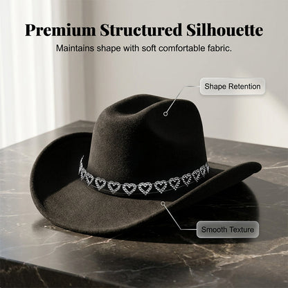 üëí Women's Rhinestone Heart Cowboy Hat Elegant French Jazz Fedora‚ù§Ô∏è