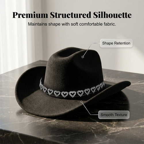 üëí Women's Rhinestone Heart Cowboy Hat Elegant French Jazz Fedora‚ù§Ô∏è